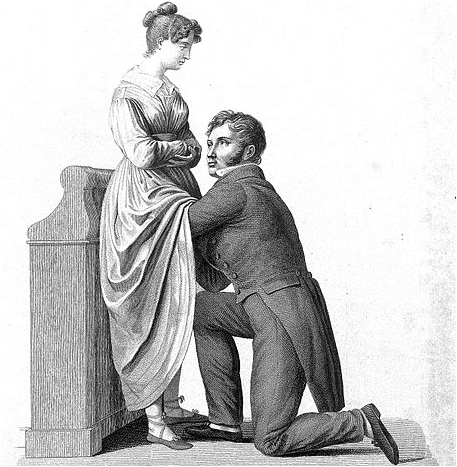 Old medical drawing of man examining pregnant woman