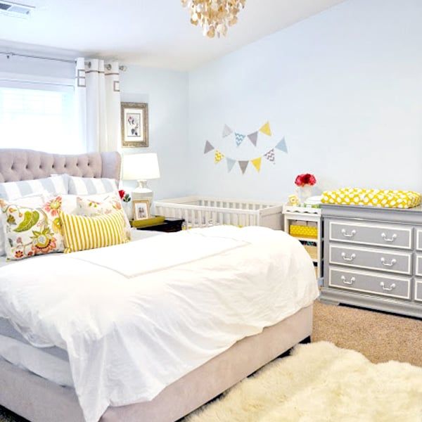 cute nursery nook in master bedroom with yellow themecute nursery nook in master bedroom with yellow theme