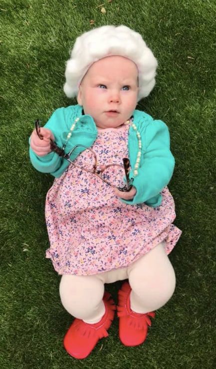 baby dressed up as little old lady