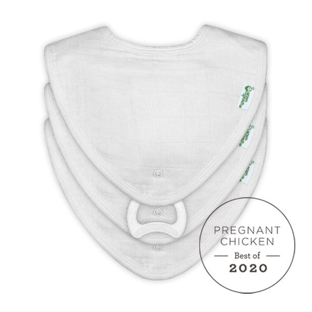 three white Muslin Stay-Dry Teether Bibs