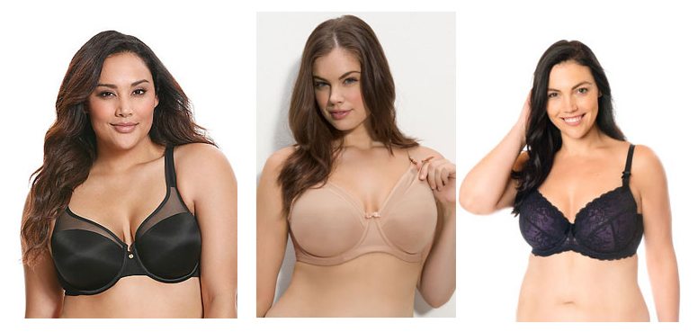 Three models wearing nursing bras in larger sizes