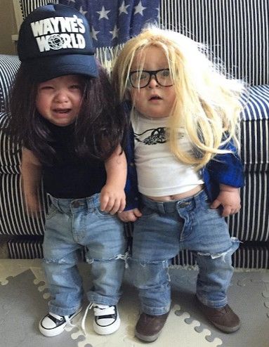 two babies dressed as wayne and garth for halloween