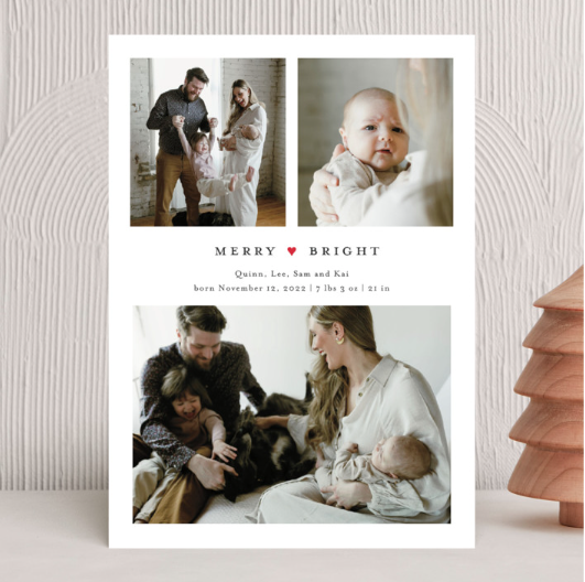 merry and bright white birth announcement holiday card with birth details printed below