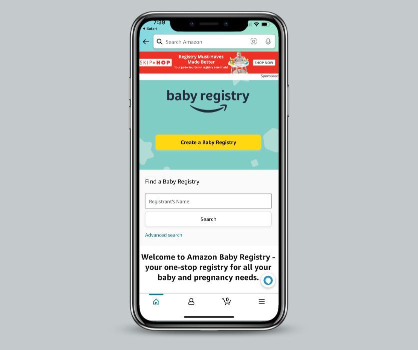 phone showing the Amazon baby registry sign up page