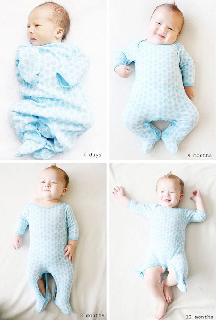4 images of a baby photographed over the course of a year in the same blue sleeper