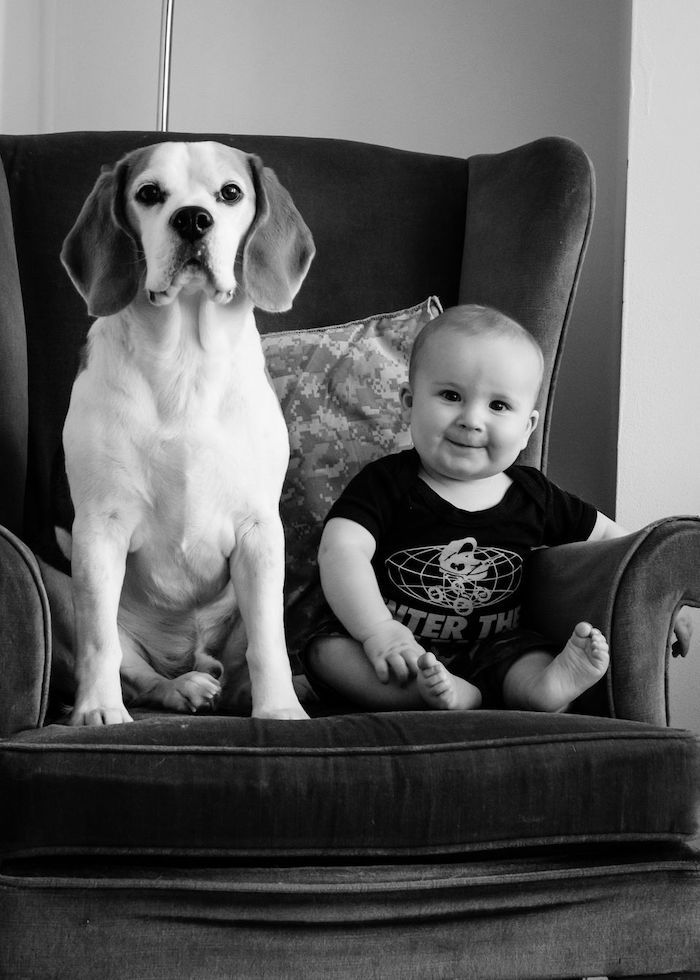 black and white photo of baby next to family dog