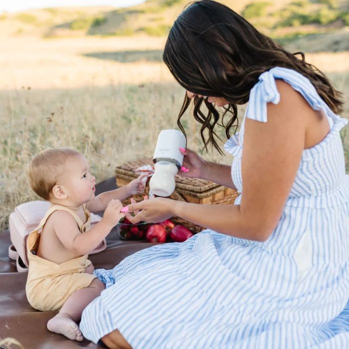 mom and baby with portable bottle warmer at a picnic
