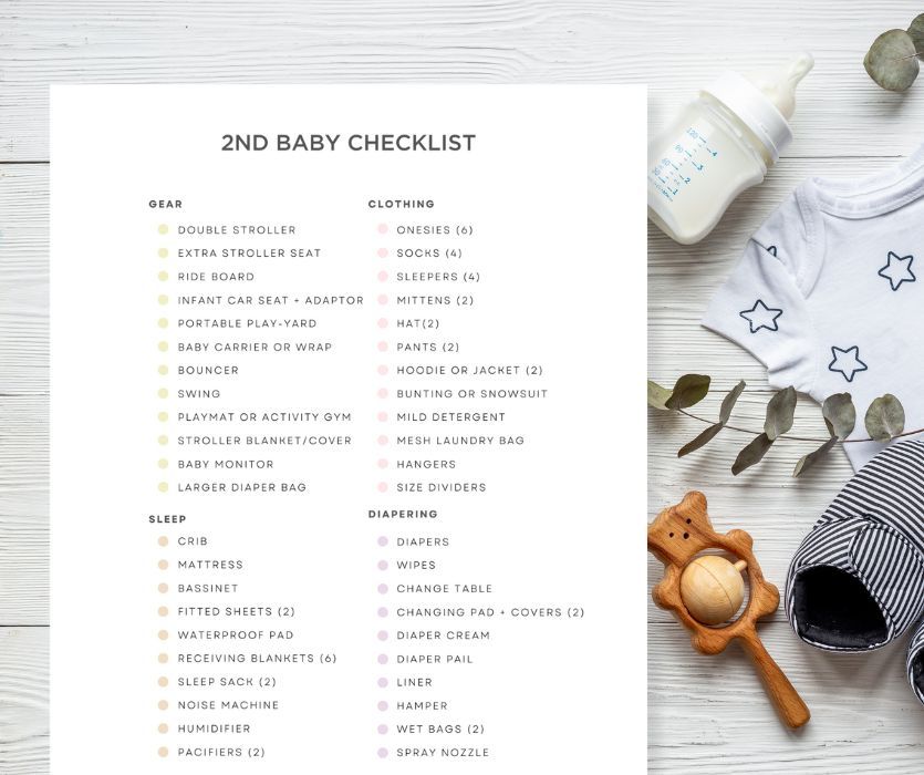 free second baby registry checklist surrounded by baby items